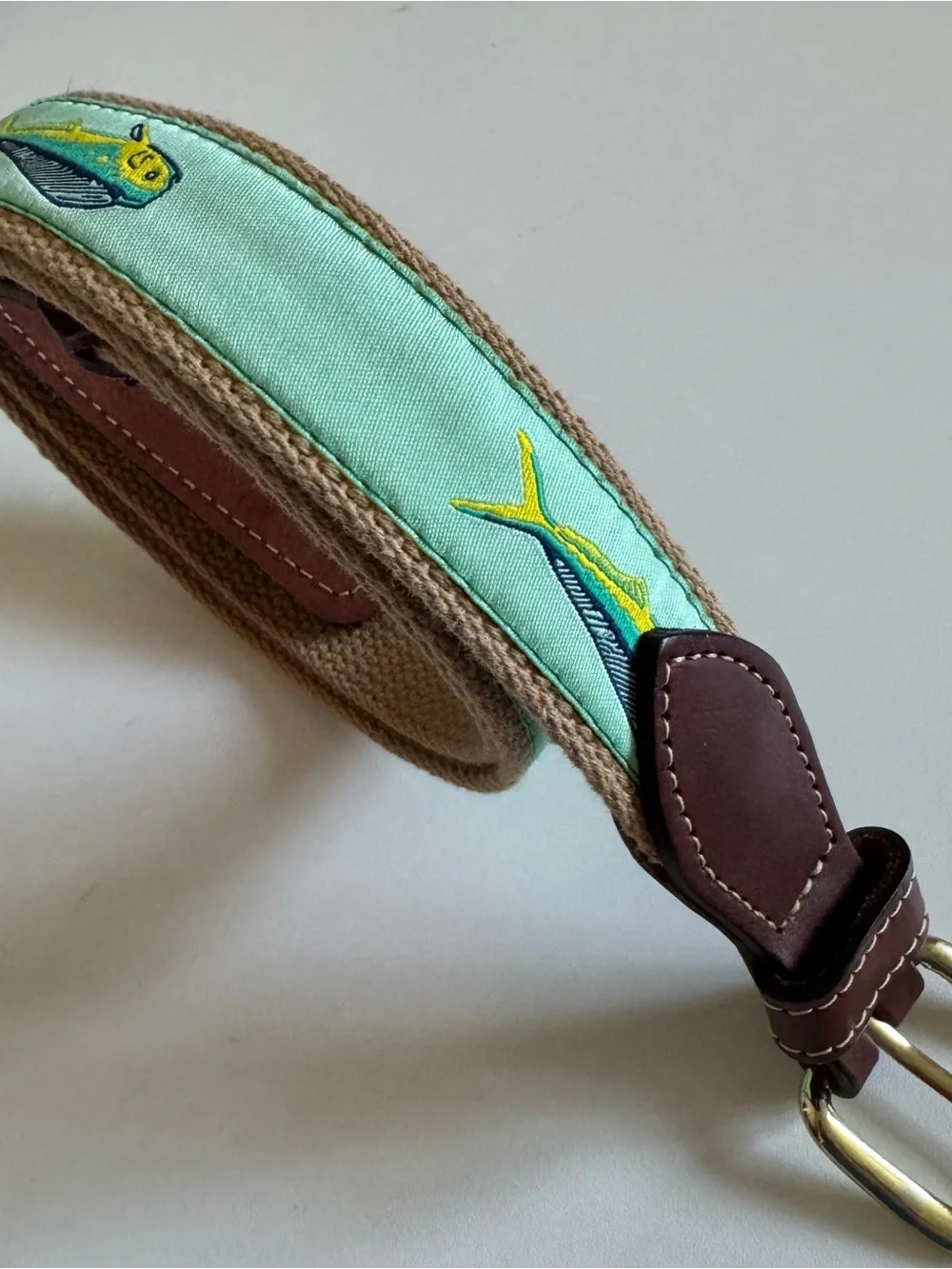 Nautical Preppy Mahi Mahi Fish Ribbon Webbed Belt Leather Tabs Solid Brass